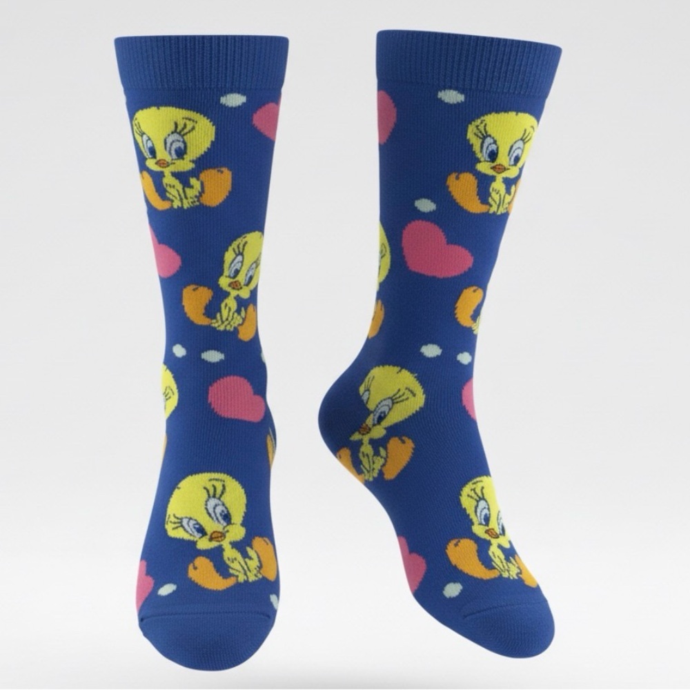 Looney Tunes Tweety Bird Heart Crew Socks Blue Cartoon Character Socks